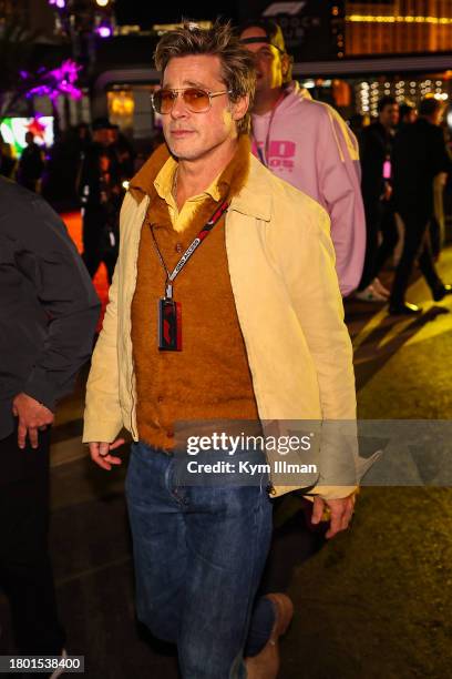 Brad Pitt enters the paddock during the F1 Grand Prix of Las Vegas at Las Vegas Strip Circuit on November 18, 2023 in Las Vegas, Nevada.