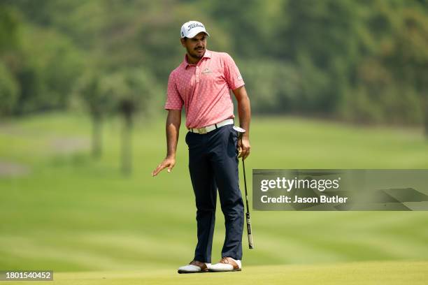 Gaganjeet Bhullar of India reacts after putting on hole 2 during the final round of the BNI Indonesian Masters presented by Tunas Niaga Energi at...