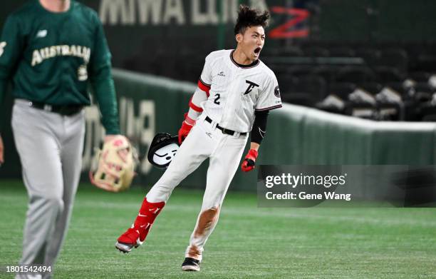 Outfielder Tien Hsin Kuo of Chinese Taipei hits a walk of single in the bottom of the ninth inning during the Asia Professional Baseball Championship...