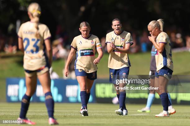 Emily Van Egmond of the Jets celebrates goal with team mates during the A-League Women round five match between Newcastle Jets and Melbourne City at...