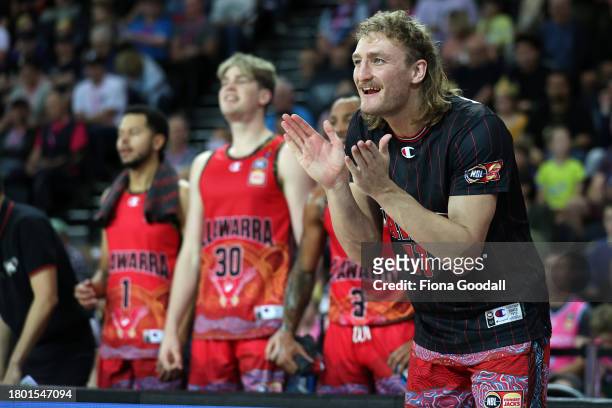 Daniel Grida of the Hawks celebrates points during the round eight NBL match between New Zealand Breakers and Illawarra Hawks at Spark Arena, on...
