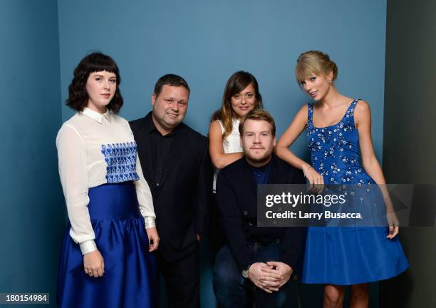 Actress Alexandra Roach, singer Paul Potts, actress Valeria Bilello, actor James Corden and actress Taylor Swift of 'One Chance' pose at the Guess...