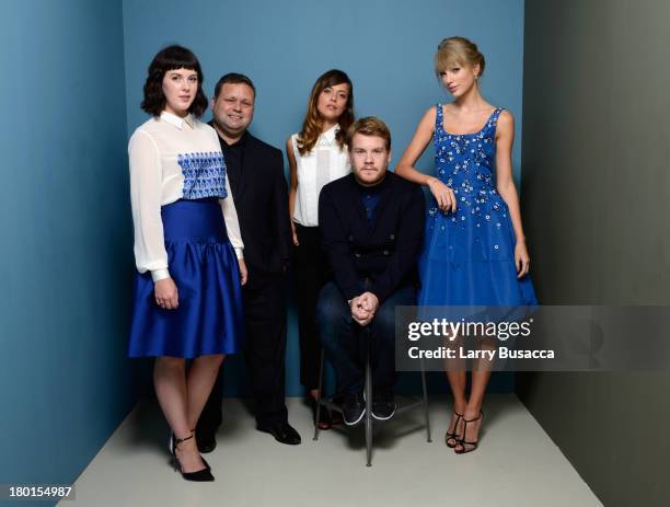 Actress Alexandra Roach, singer Paul Potts, actress Valeria Bilello, actor James Corden and actress Taylor Swift of 'One Chance' pose at the Guess...