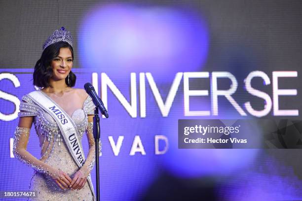 Newly elected Miss Universe 2023 Sheynnis Palacio of Nicaragua speaks during a press conference after the 72nd Miss Universe Competition at Gimnasio...