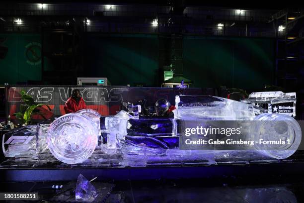 Marco Villarreal poses in his F1 ice sculpture during the F1 Grand Prix of Las Vegas on November 18, 2023 in Las Vegas, Nevada.