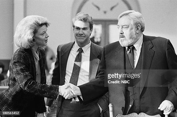 Pictured: Regina Krueger as Shannon Parks, Larry Wilcox as Lieutenant Colonel Kevin Parks, Raymond Burr as Perry Mason --