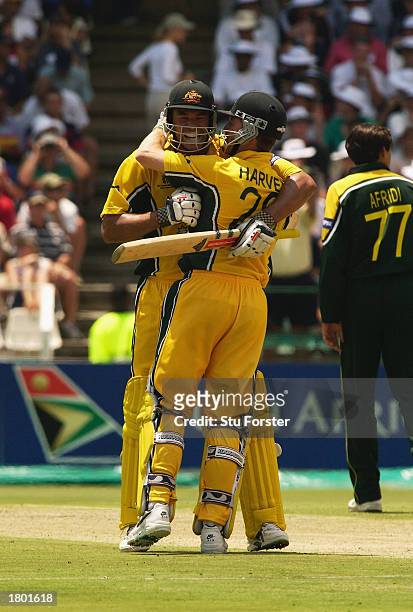 Andrew Symonds of Australia celebrates reaching a century during the ICC Cricket World Cup 2003 Pool A match between Australia and Pakistan held on...