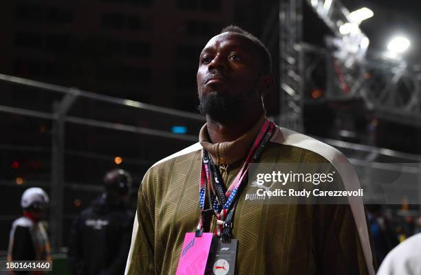 Usain Bolt looks on from the grid prior to the F1 Grand Prix of Las Vegas at Las Vegas Strip Circuit on November 18, 2023 in Las Vegas, Nevada.