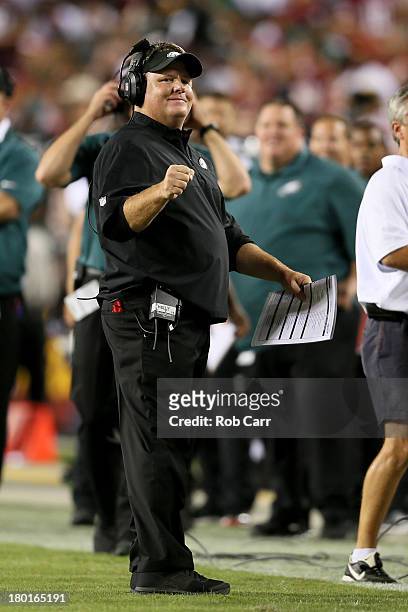 Head coach Chip Kelly of the Philadelphia Eagles reacts in the first half against the Washington Redskins at FedExField on September 9, 2013 in...