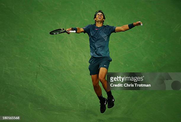 Rafael Nadal of Spain celebrates winning the men's singles final match against Novak Djokovic of Serbia on Day Fifteen of the 2013 US Open at the...