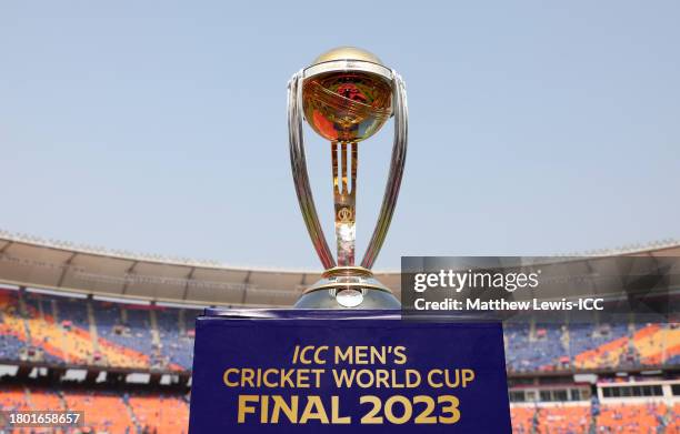 Detailed view of the ICC Men's Cricket World Cup Trophy ahead of the ICC Men's Cricket World Cup India 2023 Final between India and Australia at...