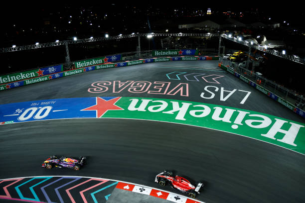 F1 Grand Prix of Las Vegas - RaceLAS VEGAS, NEVADA - NOVEMBER 18: Max Verstappen of the Netherlands driving the (1) Oracle Red Bull Racing RB19 leads Charles Leclerc of Monaco driving the (16) Ferrari SF-23 on track during the F1 Grand Prix of Las Vegas at Las Vegas Strip Circuit on November 18, 2023 in Las Vegas, Nevada.