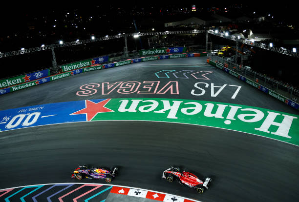 F1 Grand Prix of Las Vegas - RaceLAS VEGAS, NEVADA - NOVEMBER 18: Max Verstappen of the Netherlands and Oracle Red Bull Racing leads Charles Leclerc of Monaco driving the (16) Ferrari SF-23 on track during the F1 Grand Prix of Las Vegas at Las Vegas Strip Circuit on November 18, 2023 in Las Vegas, Nevada.