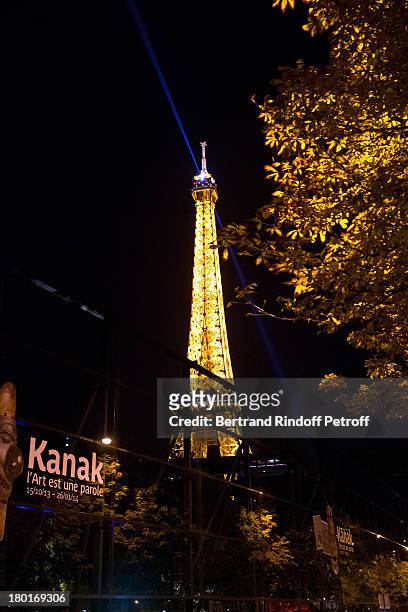 Night view of Eiffel Tower from Quai Branly Museum garden whyle 'Friends of Quai Branly Museum Society' dinner party at Musee du Quai Branly on...