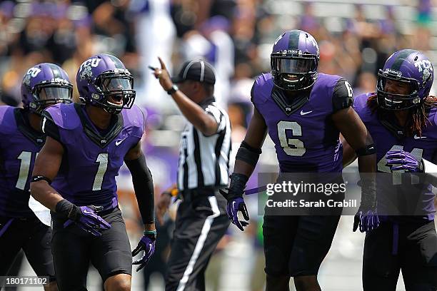Chris Hackett of the TCU Horned Frogs celebrates with Elisha Olabode after scoring a touchdown during a game against the Southeastern Louisiana Lions...