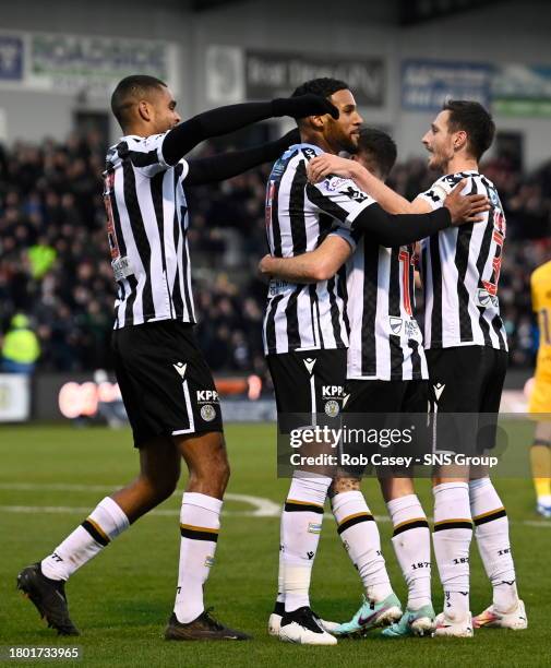 St Mirren's Mikael Mandron , Jonah Ayunga, Greg Kiltie and Scott Tanser celebrates Livingston's Sean Kelly scoring an own goal to put St Mirren 1-0...