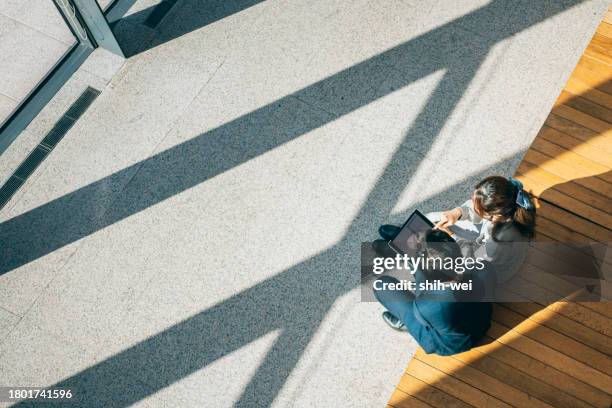 from a high angle view, two businesspersons are seated on chairs in the lobby discussing business matters. - vencer as dificuldades imagens e fotografias de stock