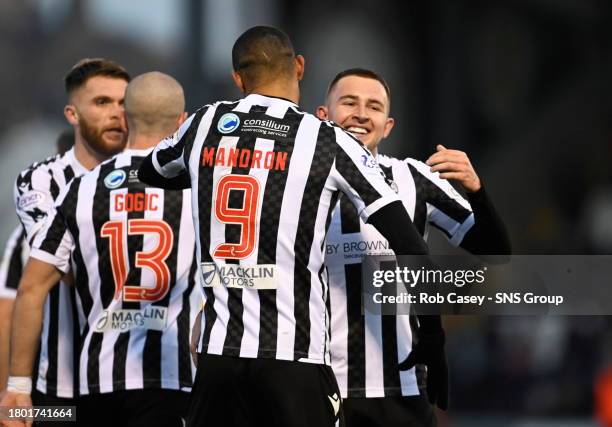 St Mirren's Mikael Mandron and Caolan Boyd-Munce celebrate Livingston's Sean Kelly scoring an own goal to put St Mirren 1-0 up during a cinch...