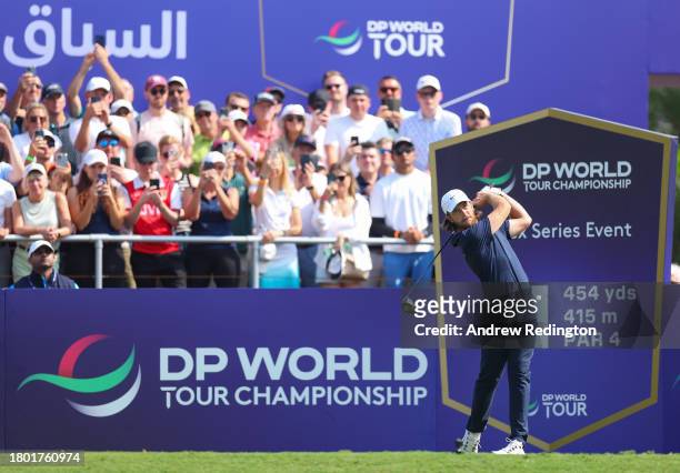 Tommy Fleetwood of England tees off on the first hole during Day Four of the DP World Tour Championship on the Earth Course at Jumeirah Golf Estates...