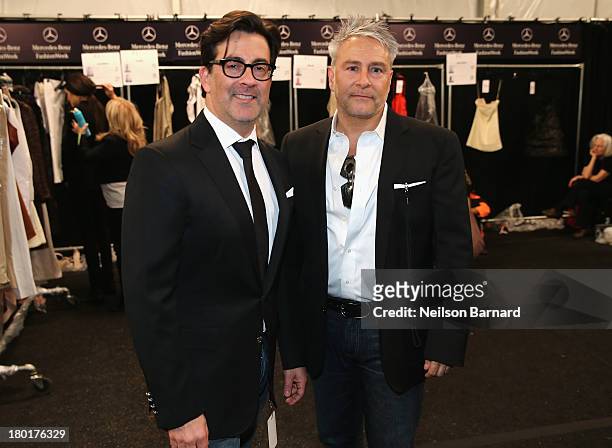 Designer Isaac Franco and Ken Kaufman backstage at the Kaufmanfranco fashion show during Mercedes-Benz Fashion Week Spring 2014 at The Theatre at...