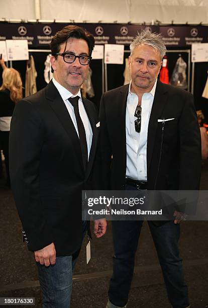 Designer Isaac Franco and Ken Kaufman backstage at the Kaufmanfranco fashion show during Mercedes-Benz Fashion Week Spring 2014 at The Theatre at...