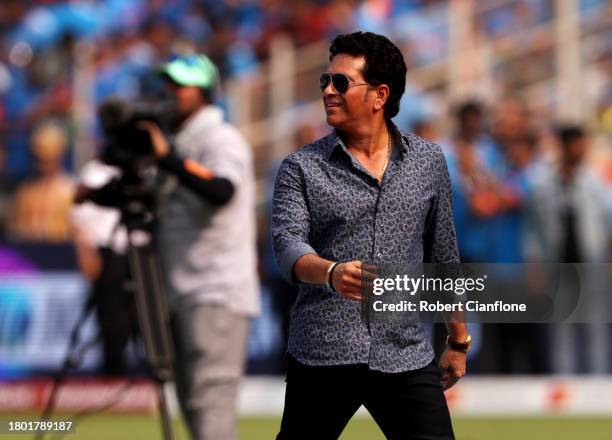 Former Cricketer Sachin Tendulkar looks on prior to the ICC Men's Cricket World Cup India 2023 Final between India and Australia at Narendra Modi...