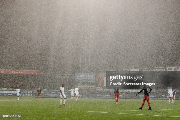 Heavy rainfall during the Dutch Eredivisie match between Excelsior v Feyenoord at the Van Donge & De Roo Stadium on November 25, 2023 in Rotterdam...