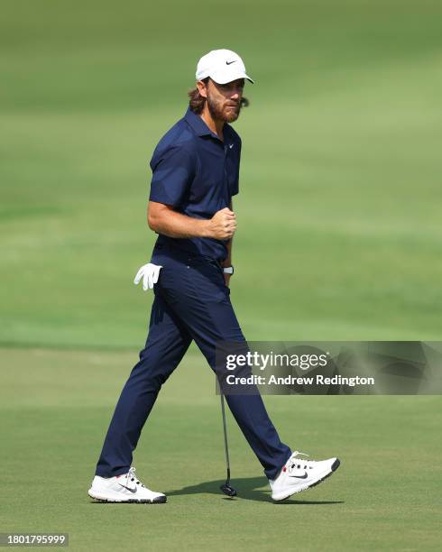 Tommy Fleetwood of England celebrates an eagle on the second green during Day Four of the DP World Tour Championship on the Earth Course at Jumeirah...