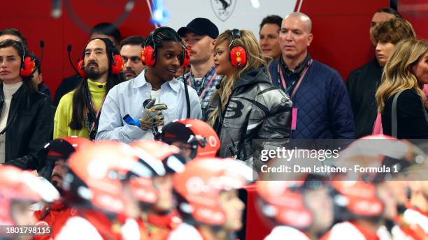 Rihanna looks on in the Ferrari garage during the F1 Grand Prix of Las Vegas at Las Vegas Strip Circuit on November 18, 2023 in Las Vegas, Nevada.