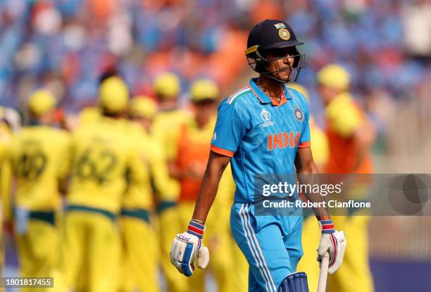 Shubman Gill of India makes his way off after being dismissed during the ICC Men's Cricket World Cup India 2023 Final between India and Australia at...