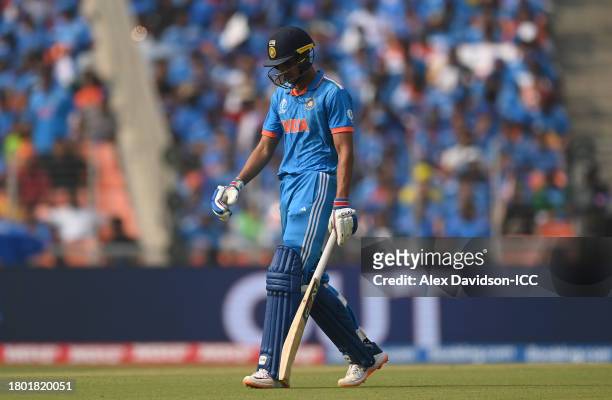 Shubman Gill of India makes his way off after being dismissed during the ICC Men's Cricket World Cup India 2023 Final between India and Australia at...