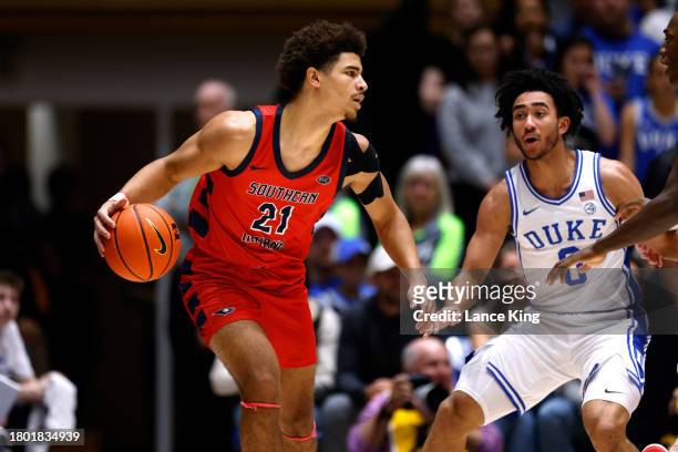 Smith of the Southern Indiana Screaming Eagles moves the ball against the Duke Blue Devils at Cameron Indoor Stadium on November 24, 2023 in Durham,...