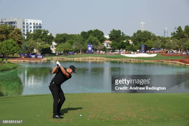 Matt Wallace of England tees off on the sixth hole during Day Four of the DP World Tour Championship on the Earth Course at Jumeirah Golf Estates on...