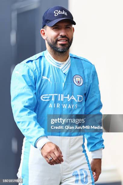 Sergio Aguero of Argentina arrives at the track during qualifying ahead of the F1 Grand Prix of Abu Dhabi at Yas Marina Circuit on November 25, 2023...