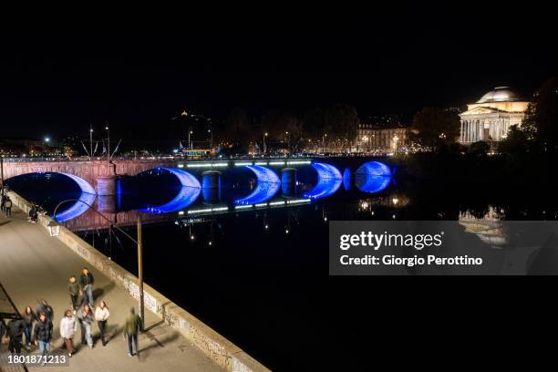 General view of bridges enlightened in blue for the Night of Tennis during the Nitto ATP Finals 2023 on November 18, 2023 in Turin, Italy.