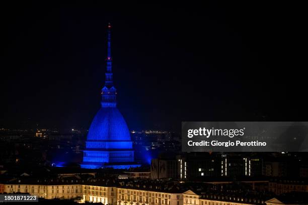 General view of Mole Antonelliana enlightened in blue for the Night of Tennis during the Nitto ATP Finals 2023 on November 18, 2023 in Turin, Italy.