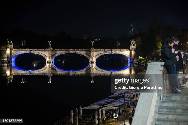 General view of bridges enlightened in blue for the Night of Tennis during the Nitto ATP Finals 2023 on November 18, 2023 in Turin, Italy.