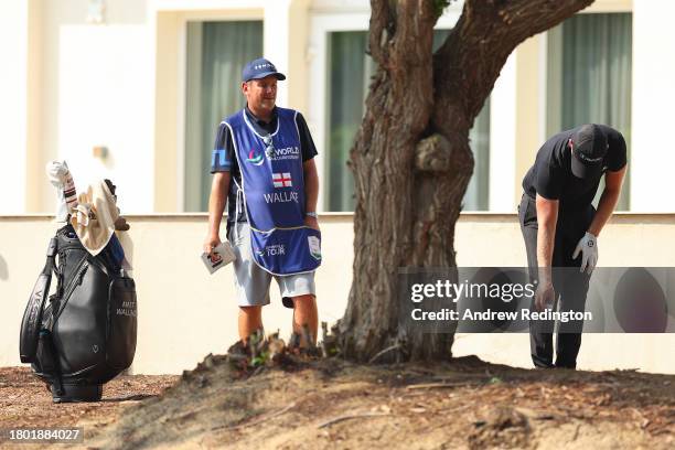 Matt Wallace of England takes a penalty drop on the seventh hole during Day Four of the DP World Tour Championship on the Earth Course at Jumeirah...