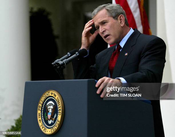 President George W. Bush answers a question during a press conference in the Rose Garden of the White House 28 October in Washington, DC. The US will...