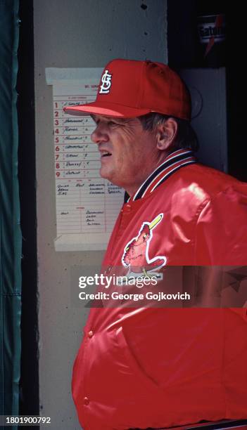 Manager Whitey Herzog of the St. Louis Cardinals looks on from the dugout during a Major League Baseball game against the Pittsburgh Pirates at Three...