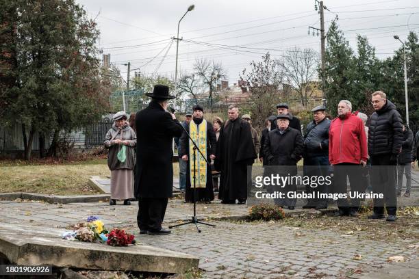Mordechai Shlomo Bald, Chief Rabbi of Lviv, speaks in front of the memorial to the victims of Lviv ghetto during the commemoration ceremony of the...