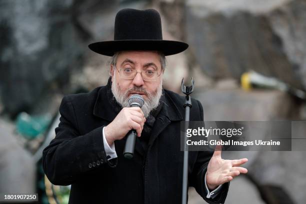 Mordechai Shlomo Bald, Chief Rabbi of Lviv, speaks in front of the memorial to the victims of Lviv ghetto during the commemoration ceremony of the...