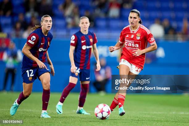 Francisca Nazareth of SL Benfica passes the ball during the UEFA Women's Champions League group stage match between FC Barcelona and SL Benfica at...