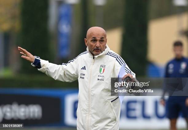 Head coach Italy Luciano Spalletti reacts during a Italy training session at Centro Tecnico Federale di Coverciano on November 19, 2023 in Florence,...