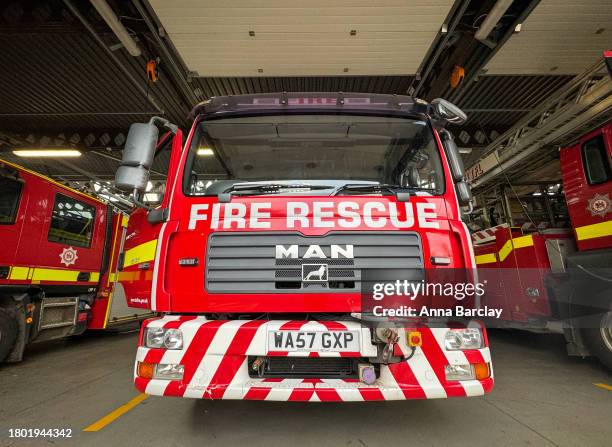 Devon and Somerset Fire and Rescue Service fire engines are parked in a garage at Taunton Fire Station, on November 16, 2023 in Taunton, England....