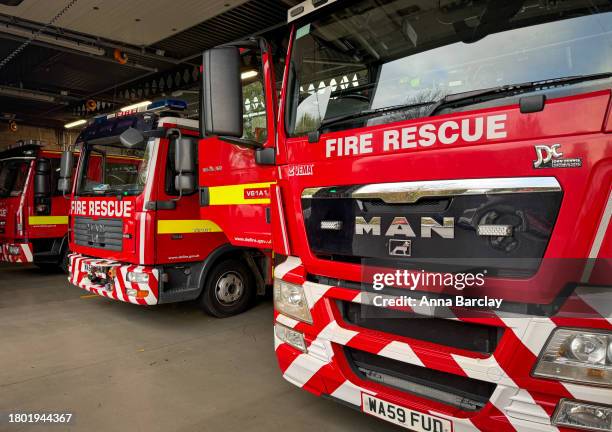 Devon and Somerset Fire and Rescue Service fire engines are parked in a garage at Taunton Fire Station, on November 16, 2023 in Taunton, England....