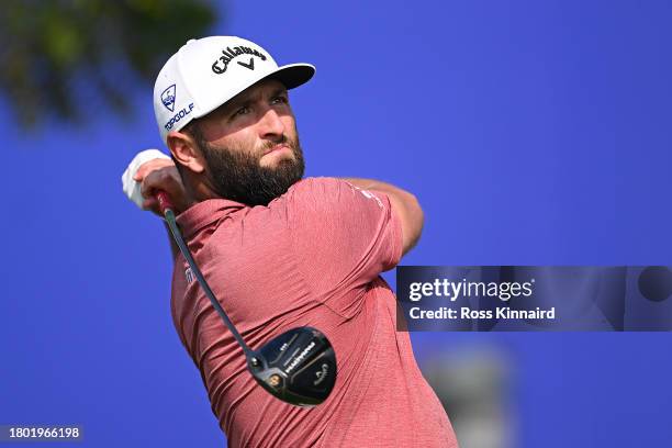 Jon Rahm of Spain tees off on the 14th hole during Day Four of the DP World Tour Championship on the Earth Course at Jumeirah Golf Estates on...