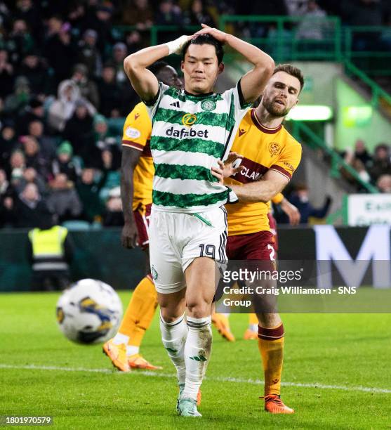 Celtic's Hyeongyu Oh looks dejected during a cinch Premiership match between Celtic and Motherwell at Celtic Park, on November 25 in Glasgow,...