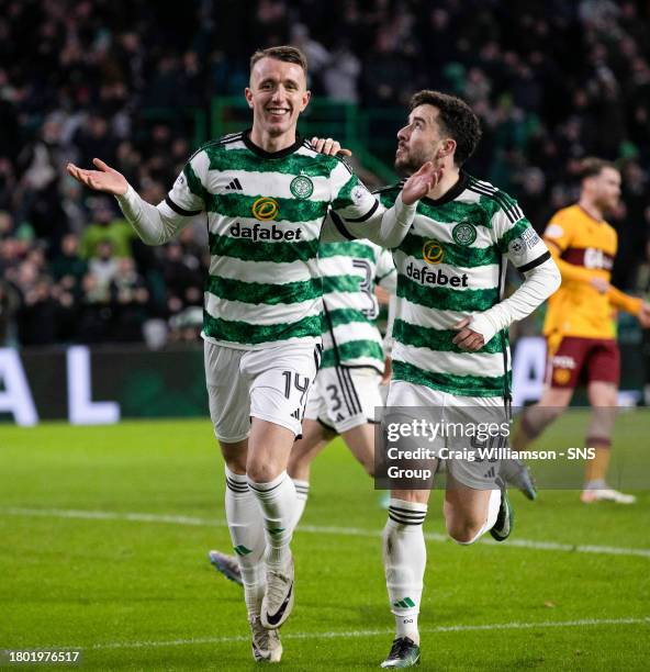Celtic's David Turnbull celebrates after scoring to make it 1-0 during a cinch Premiership match between Celtic and Motherwell at Celtic Park, on...