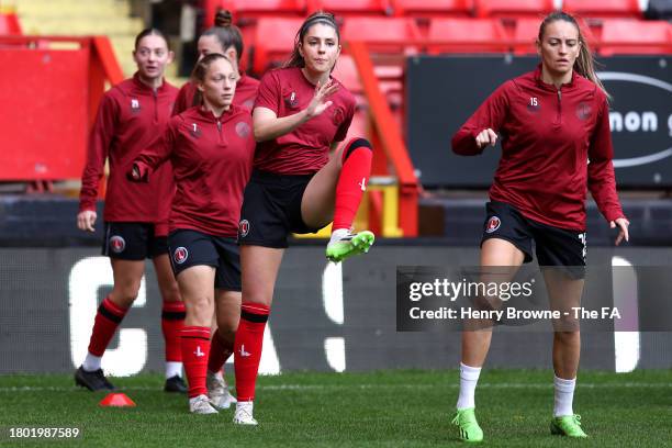 Carla Humphrey of Charlton Athletic warms up prior to the Barclays FA Women's Championship match between Charlton Athletic and Sunderalnd at The...